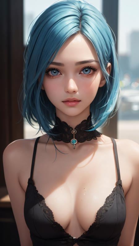 (ultra realistic, best quality, masterpiece, perfect face, simmetric eyes) coloured hair, 18 years old girl, medium tits, flirting on camera,