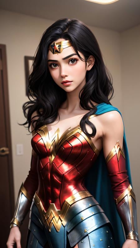 (best quality, masterpiece, perfect face) beautiful hair, 18 years old girl, medium tits,  wonder woman suit cosplay, flirting on camera