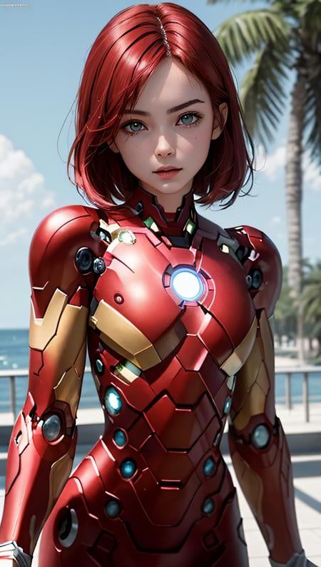 (best quality, masterpiece, perfect face) intense red hair, sexy 18 years old girl, medium tits, in ultra detailed luminiscent ironman suit, imminent laser beam from palm hand