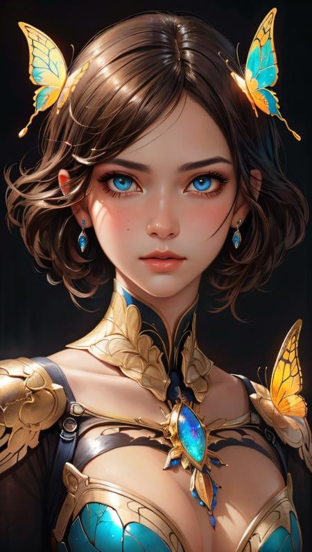 (Perfect face) 8k portrait of beautiful cyborg with brown hair, intricate, elegant, highly detailed, majestic, digital photography, art by artgerm and ruan jia and greg rutkowski surreal painting gold butterfly filigree, broken glass, (masterpiece, sidelighting, finely detailed beautiful eyes: 1.2), hdr, <lora:more_details:0.2>