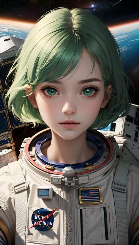 (best quality, masterpiece, perfect face) green hair, 18 years old girl, medium tits, astronaut on space