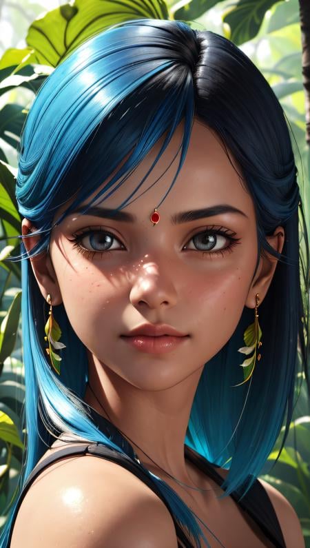 fashion photography portrait of indian girl with blue hair, in lush jungle with flowers, 3d render, cgi, symetrical, octane render, 35mm, bokeh, 9:16, (intricate details:1.12), hdr, (intricate details, hyperdetailed:1.15), (natural skin texture, hyperrealism, soft light, sharp:1.2), detailed, sunlight passing through foliage