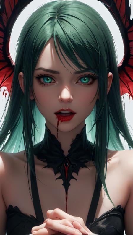 (best quality, masterpiece, perfect face, detailed simmetric iris, perfect smooth skin texture)1 succubusgirl, gothic, demon red wings, she licks the blood off her fingers, long green hair, (abstract art), half demon, crimson eyes, high contrast (hyper realism, soft light, dramatic light, sharp, HDR)