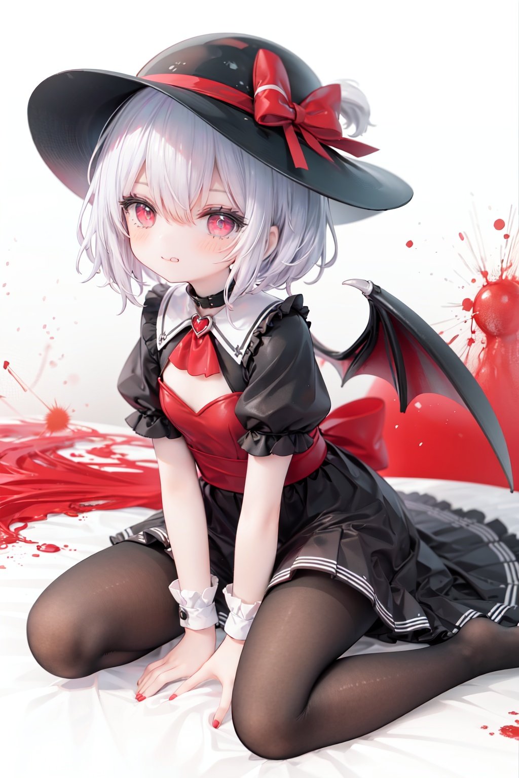 (little girl:1.4), (child:1.4),(petite:1.4), (loli:1.4),,,((solo:1.3)).,1girl, solo, wings, red eyes, hat, remilia scarlet, red background, mob cap, bat wings, ascot, blood, short sleeves, bow, short hair, ribbon, blood on hands, looking at viewer, simple background, full body, puffy sleeves, hat ribbon, blood on face, dress, brooch, red nails, pantyhose, red bow, puffy short sleeves, smile, black pantyhose, wrist cuffs, red ribbon, sitting, jewelry, red ascot, frills, hair between eyes, skirt, white dress, fingernails, sash, shirt, nail polish, no shoes, red theme, sharp fingernails, bangs, tongue, hat bow, grey hair, closed mouth, tongue out, white headwear, slit pupils, blood on clothes, skirt set, hand up, frilled sleeves, invisible chair, white skirt, vampire, frilled shirt collar/.,\nSolo,Battle, {{{{{Slash}}}}},Killing,Attacker,{{Fierce movement}},Ninja,Bloodstain,Core shadow,splatter,{Blood},{{{{Battle scene}}}},angry,Intricate,,{{{Dynamic angle}}},{Stylish pose},{High contrast,Extremely detailed CG unity 8K wallpaper} Sense of movement,blurry background,Kaotic,Lunatic,[[[[[hyper paint, rough design, flat color]]]]],Grin,Whole body,Colorful background,Intricate,Girl wearing black suit,Looking at viewers,{{Stylish}},Persona 5 style art,{{{all out attack(persona 5)}}}