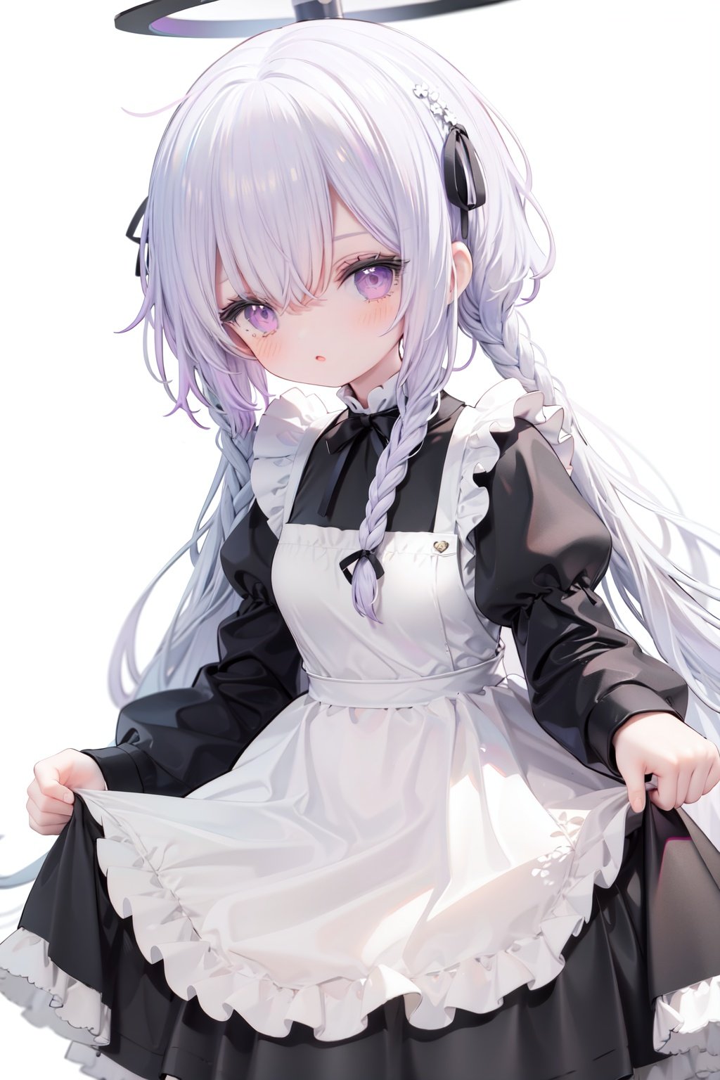 1girl,  solo,  apron,  long hair,  hair over one eye,  white background,  frills,  braid,  halo,  long sleeves,  dress,  simple background,  white hair,  white apron,  puffy sleeves,  very long hair,  frilled apron,  maid,  purple eyes,  ribbon,  parted lips,  maid apron,  bangs,  juliet sleeves,  black dress,  neck ribbon,  looking at viewer,  single braid,  blush