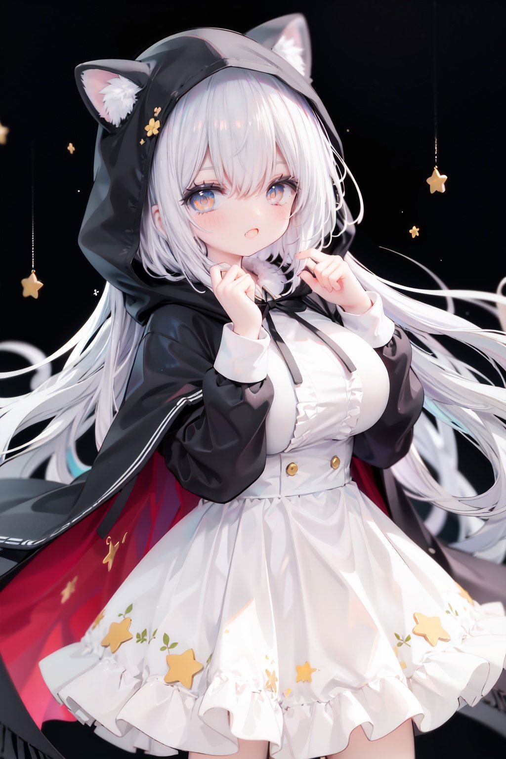 masterpiece, ((best quality)),  dynamic angle, chromatic aberration, ((colorful)),1girl, solo, hood, animal hood, breasts, frills, smile, hood up, yellow eyes, capelet, hair between eyes, blush, dress, long sleeves, looking at viewer, animal ears, large breasts, black ribbon, bangs, puffy long sleeves, :d, frilled dress, hand up, open mouth, white dress, puffy sleeves, hooded capelet, virtual *******r, frilled capelet, fang, white capelet, star (symbol)