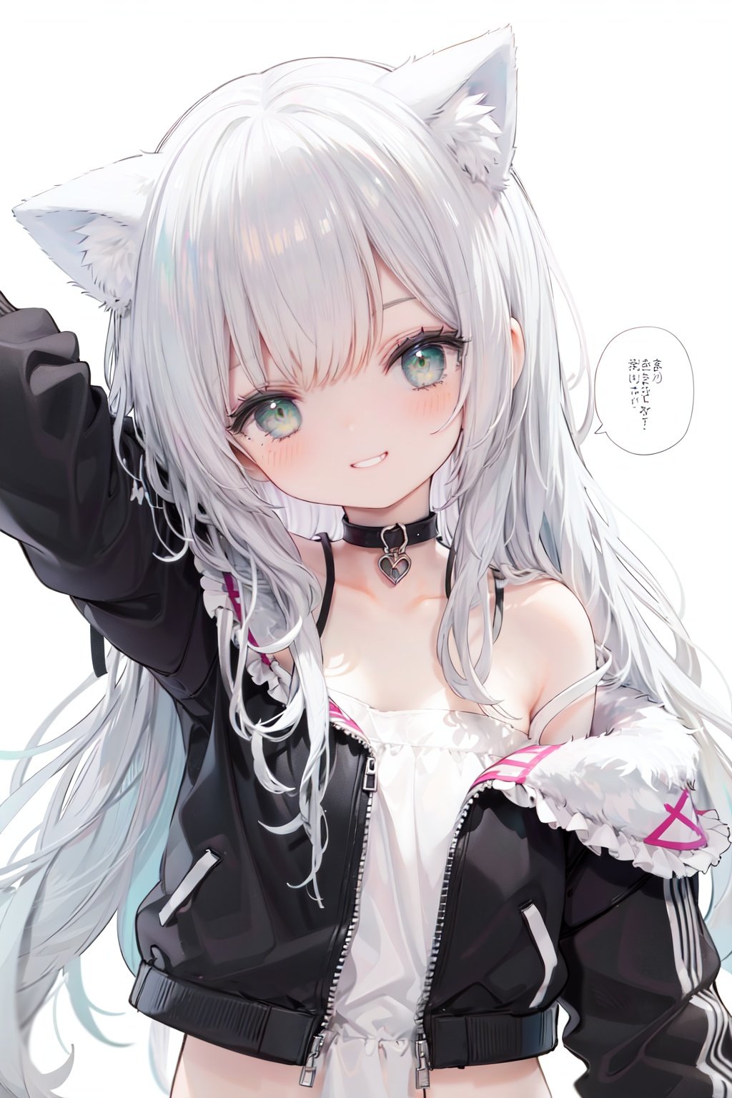 1girl,  solo,  green eyes,  smile,  long hair,  cat ears,  looking at viewer,  animal ears,  white background,  simple background,  bangs,  silver hair,  upper body,  speech bubble,  jacket,  black jacket,  head tilt,  bare shoulders,  eyebrows visible through hair,  off shoulder,  half-closed eyes,  grin,  arm up,  collarbonereflection light