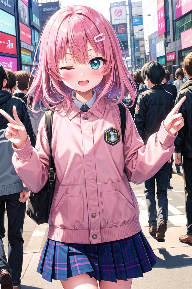 insanely detailed, absurdres, ultra-highres, ultra-detailed, best quality,1 girl, solo, nice hands, perfect hands,BREAK,(one eye closed, wink:1.2),(wearing winter school uniform),happy smile, laugh, open mouth,dynamic pose, cowboy shot, looking at viewer,BREAK,slender, kawaii, perfect symmetrical face, ultra cute girl, ultra cute face, ultra detailed eyes, ultra detailed hair, ultra cute, ultra beautiful,by Canon EOS, SIGMA Art Lens 35mm F1.4, ISO 200 Shutter Speed 2000,in harajuku, shibuya, tokyo, street, crowd, cityscape,medium breasts, (cleavage:-1.5),BREAK,(pink medium hair, dark green eyes), hair between eyes<lora:rightwink_v120:1>