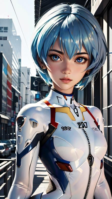 (best quality, masterpiece, colorful, dynamic angle, highest detailed)(Rei Ayanami), upper body photo, fashion photography of cute girl (Rei Ayanami), dressing high detailed Evangelion white suit (high resolution textures), in dynamic pose, bokeh, (intricate details, hyperdetailed:1.15), detailed, sunlight passing through hair, splash art background(high contrast, official art, extreme detailed, highest detailed),