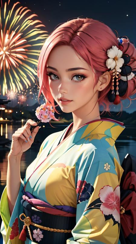 (best quality, masterpiece, colorful, dynamic angle, highest detailed)upper body photo, fashion photography of a cute marocco  girl with iridiscent pink hair, flirting with POV, in traditional japanese gold&black kimono, ultra detailed kimono textures, high contrast, night, kyoto, fireworks,  (intricate details, hyperdetailed:1.15), detailed, moonlight passing through hair, (official art, extreme detailed, highest detailed),