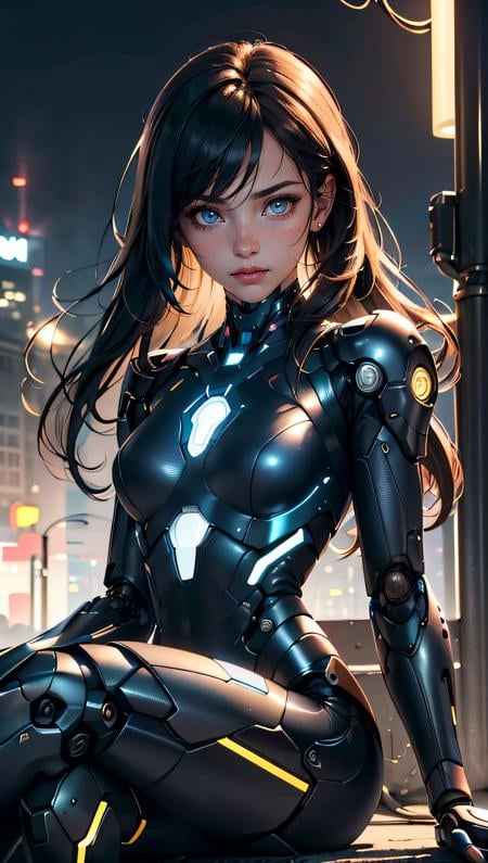 (best quality, masterpiece, colorful, dynamic angle, highest detailed)upper body photo, full body photo, fashion photography of cute  1girl, mechanical arms, cyborg, dark mood, dystopia, glowing, looking at viewer, sitting, long hair, bokeh (intricate details, hyperdetailed:1.15), detailed, light passing through hair, (official art, extreme detailed, highest detailed),