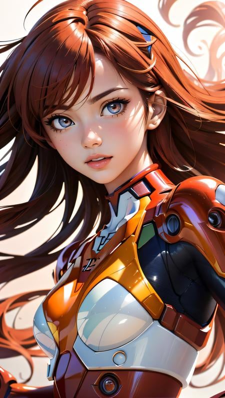 (best quality, masterpiece, colorful, dynamic angle, highest detailed)(Asuka Langley), upper body photo, fashion photography of cute red long hair girl (Asuka Langley), dressing high detailed Evangelion red suit (high resolution textures), in dynamic pose, bokeh, (intricate details, hyperdetailed:1.15), detailed, sunlight passing through hair, colorful art background, (official art, extreme detailed, highest detailed),