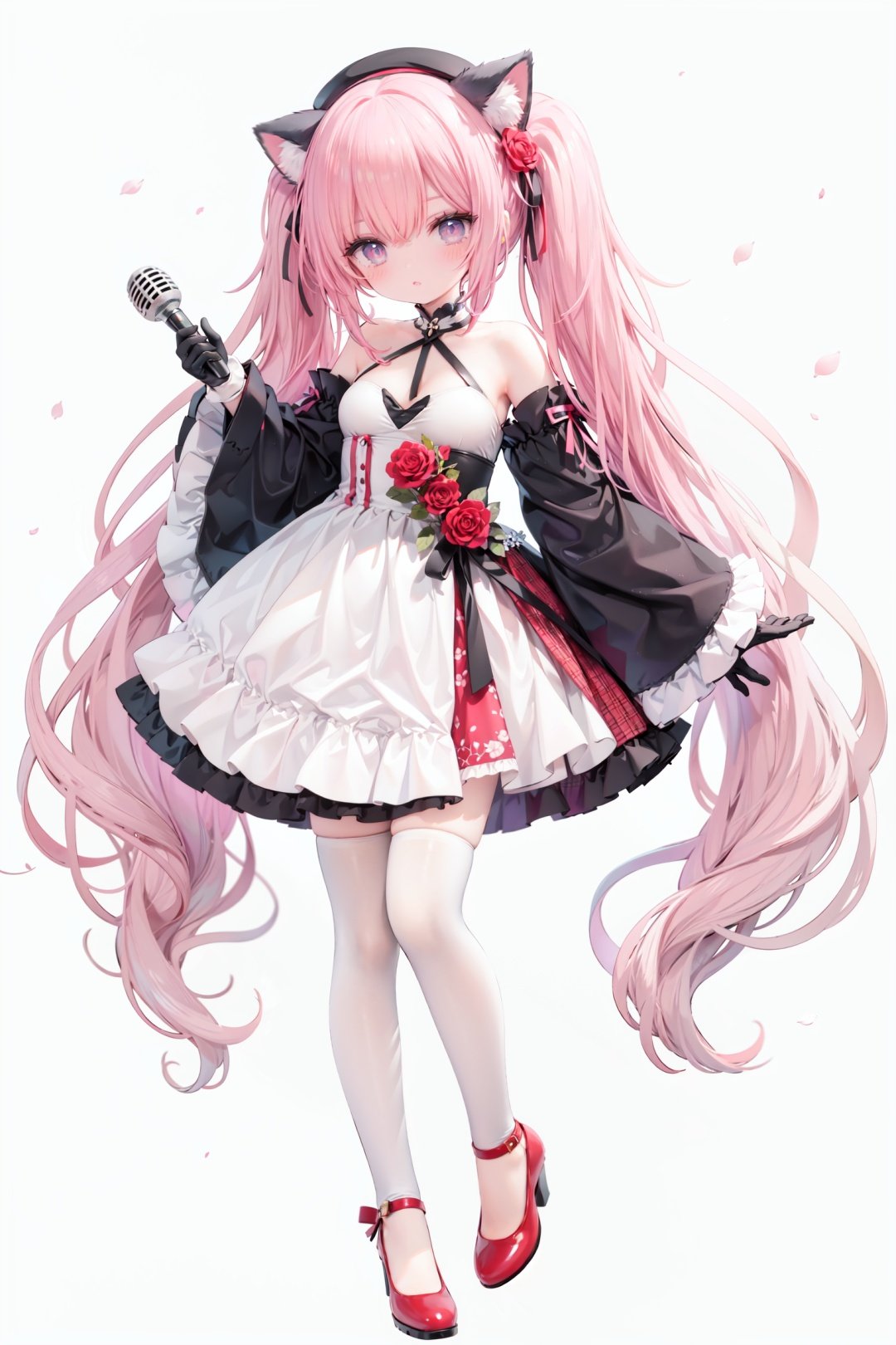 masterpiece, ((best quality)),  dynamic angle, chromatic aberration, ((colorful)),1girl, solo, flower, thighhighs, white thighhighs, gloves, red footwear, long hair, detached sleeves, animal ears, rose, blonde hair, looking at viewer, full body, hat, high heels, petals, dress, standing, twintails, wide sleeves, holding, shoes, frills, red flower, cat ears, bangs, microphone, long sleeves, white flower, hair ornament, white gloves, zettai ryouiki, bare shoulders, pink eyes, frilled dress, small breasts, breasts, closed mouth, skirt, beret, white headwear, very long hair, red eyes, red rose, white dress, blush, ribbon, black gloves, animal ear fluff, hair flower, pink flower