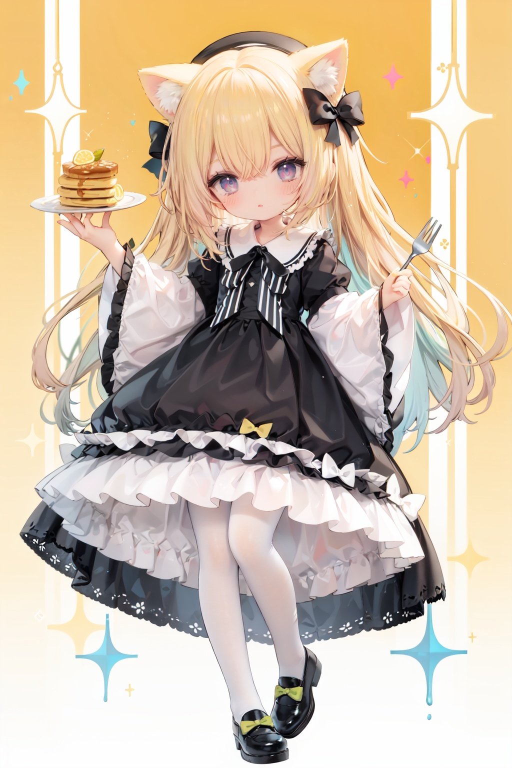 (cinematic lighting),  dreamy atmosphere,  Ray tracing,  (((solo))),  (loli:1.5),  (child:1.5),  (petite:1.5),  green eyes,  (animal ears),  dress,  solo,  food,  blonde hair,  open mouth,  long hair,  pancake,  flower,  holding,  bow,  smile,  fork,  bird,  socks,  looking at viewer,  shoes,  striped background,  holding fork,  bonnet,  striped,  frills,  long sleeves,  :d,  yellow dress,  bangs,  eyebrows visible through hair,  blush,  green nails,  hair bow,  nail polish,  diagonal stripes,  chick,  sparkle,  frilled dress,  orange bow,  fruit,  full body,  :3,  hair between eyes,  green bow,  puffy sleeves,  heart,  lemon,  orange footwear,  animal ear fluff,  white bow,  cat ears,  bobby socks,  orange headwear,  see-through sleeves,  blue background,  striped bow,  hair ornament,  white legwear,  mary janes