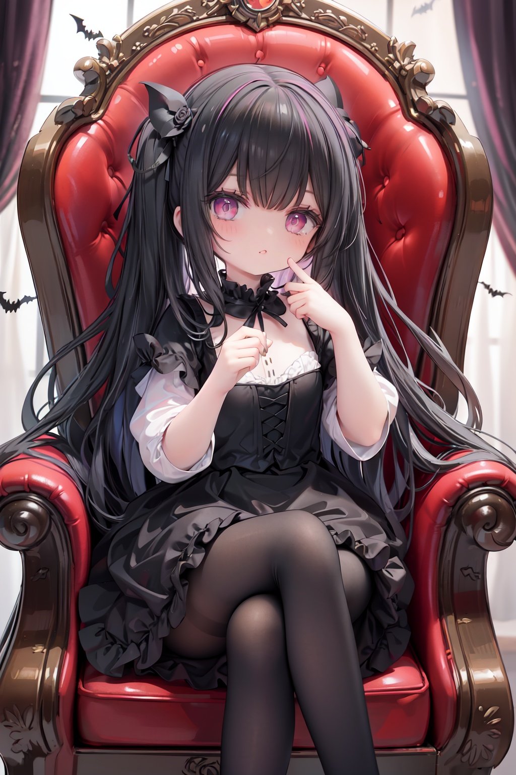 masterpiece, ((best quality)), (ultra-detailed), (illustration), an extremely delicate and beautiful girl, dynamic angle, chromatic aberration, ((colorful)),//,1girls,loli,(petite child:1.1),//,(in Gothic castle),girl with black hair,red eyes,Vertical pupil,long hair,hair arrangement,(Detailed face description),(batwing),(Gothic Lolita),(bat tail),alccandlestick,Cathedral glass,,short skirt,black pantyhose,red lace,high heels,rose tattoo,throne,sitting,crossed legs,//,