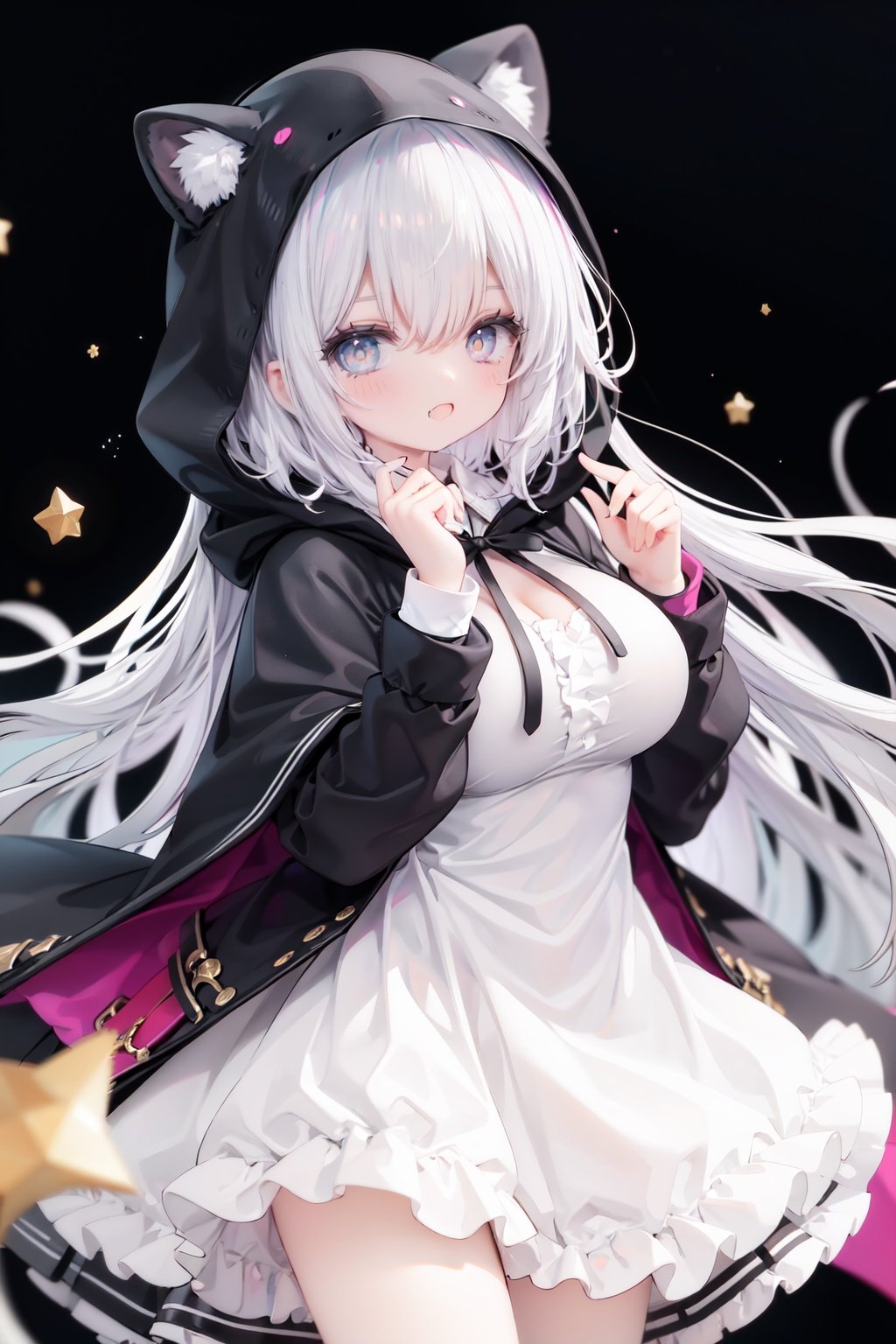 masterpiece, ((best quality)),  dynamic angle, chromatic aberration, ((colorful)),1girl, solo, hood, animal hood, breasts, frills, smile, hood up, yellow eyes, capelet, hair between eyes, blush, dress, long sleeves, looking at viewer, animal ears, large breasts, black ribbon, bangs, puffy long sleeves, :d, frilled dress, hand up, open mouth, white dress, puffy sleeves, hooded capelet, virtual *******r, frilled capelet, fang, white capelet, star (symbol)