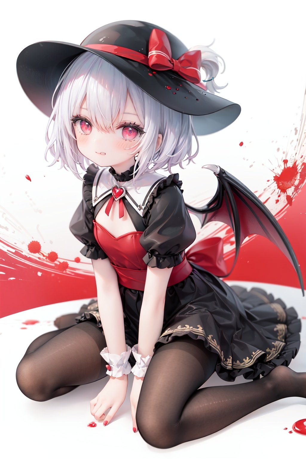 (little girl:1.4), (child:1.4),(petite:1.4), (loli:1.4),,,((solo:1.3)).,1girl, solo, wings, red eyes, hat, remilia scarlet, red background, mob cap, bat wings, ascot, blood, short sleeves, bow, short hair, ribbon, blood on hands, looking at viewer, simple background, full body, puffy sleeves, hat ribbon, blood on face, dress, brooch, red nails, pantyhose, red bow, puffy short sleeves, smile, black pantyhose, wrist cuffs, red ribbon, sitting, jewelry, red ascot, frills, hair between eyes, skirt, white dress, fingernails, sash, shirt, nail polish, no shoes, red theme, sharp fingernails, bangs, tongue, hat bow, grey hair, closed mouth, tongue out, white headwear, slit pupils, blood on clothes, skirt set, hand up, frilled sleeves, invisible chair, white skirt, vampire, frilled shirt collar/.,\nSolo,Battle, {{{{{Slash}}}}},Killing,Attacker,{{Fierce movement}},Ninja,Bloodstain,Core shadow,splatter,{Blood},{{{{Battle scene}}}},angry,Intricate,,{{{Dynamic angle}}},{Stylish pose},{High contrast,Extremely detailed CG unity 8K wallpaper} Sense of movement,blurry background,Kaotic,Lunatic,[[[[[hyper paint, rough design, flat color]]]]],Grin,Whole body,Colorful background,Intricate,Girl wearing black suit,Looking at viewers,{{Stylish}},Persona 5 style art,{{{all out attack(persona 5)}}}