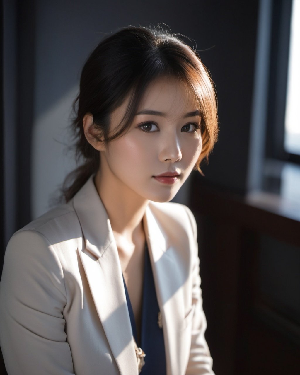 (Asian:0.5),A woman poses,suit, indirect lighting,looking at viewer, 