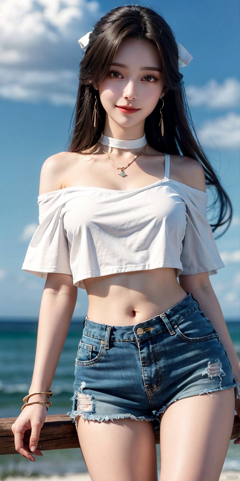  cowboy shot, Blue sky, white clouds, ocean,nai3, 1girl, shorts, solo, crop top, black shorts, choker, navel, shirt, midriff, crop top overhang, looking at viewer, white shirt, jewelry, breasts, bare shoulders, short shorts, off-shoulder shirt, off shoulder, black choker, thighs, stomach, hand on own thigh, long hair, bracelet, short sleeves, ribbon, hand up, collarbone, hair ribbon, medium breasts, standing, high-waist shorts, dolphin shorts, bra strap, , hair ornament, thigh gap, necklace, expressionless, , ,kind smile, , liushen