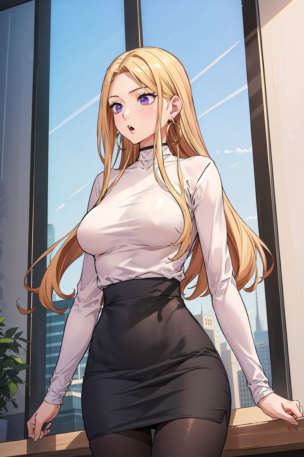 blonde hair,  long hair,  purple eyes,  masterpiece,  best quality hoop earrings,  sky,  choker,  shirt,  1girl,  indoors,  jewelry,  skirt,  wide windows,  large breasts,  building,  :o,  white turtleneck shirt,  black skirt,  standing,  upper body,  best quality,  black tights,  looking away , Criin Style, <lora:EMS-42171-EMS:0.500000>, , <lora:EMS-44508-EMS:0.500000>