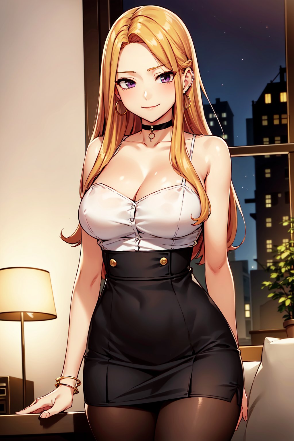 blonde hair,  long hair,  purple eyes,  masterpiece,  best quality hoop earrings,  by night,  choker,  shirt,  1girl,  indoors,  jewelry,  bay window,  living room,  large breasts,  building,  smirk,  :),  standing,  upper body,  best quality,  black tights,  adjusting hair,  ((secretary,  secretary dress)), <lora:EMS-44508-EMS:0.500000>