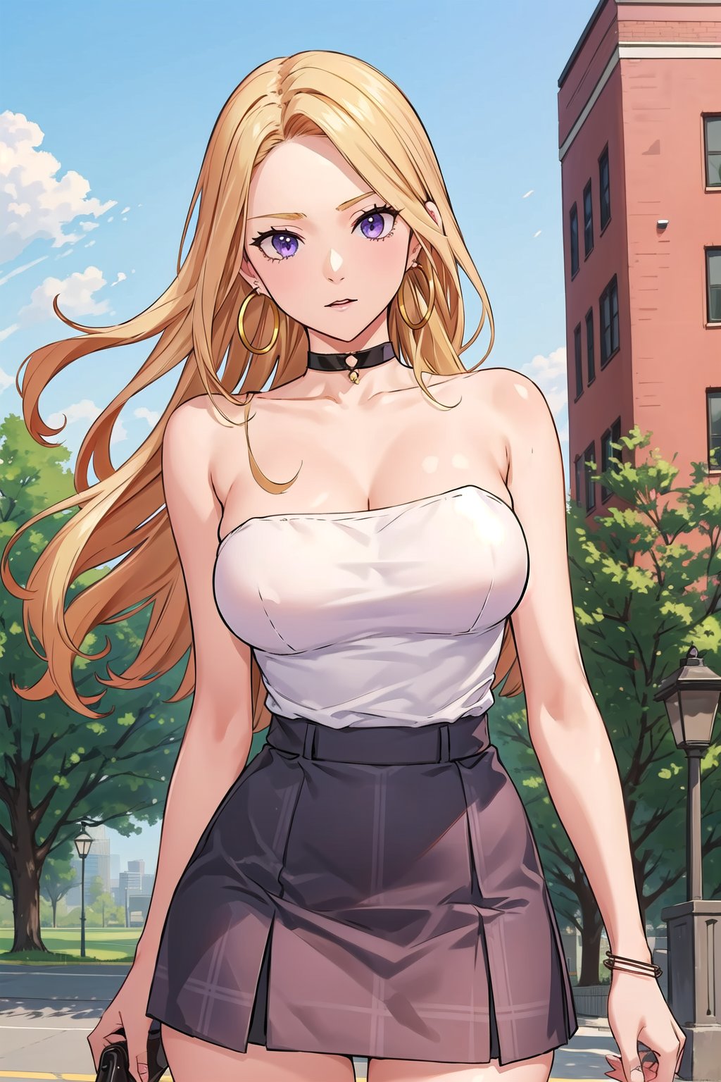 blonde hair,  long hair,  purple eyes,  masterpiece,  best quality hoop earrings,  sky,  choker,  plaid,  shirt,  1girl,  collarbone,  outdoors,  cloud,  tree,  jewelry,  black choker,  skirt,  white top,  lamppost,  large breasts,  strapless,  jearrings,  building,  solo focus,  closed mouth,  thighs strap,  sleeveless, <lora:EMS-42171-EMS:0.500000>, , <lora:EMS-44508-EMS:0.500000>