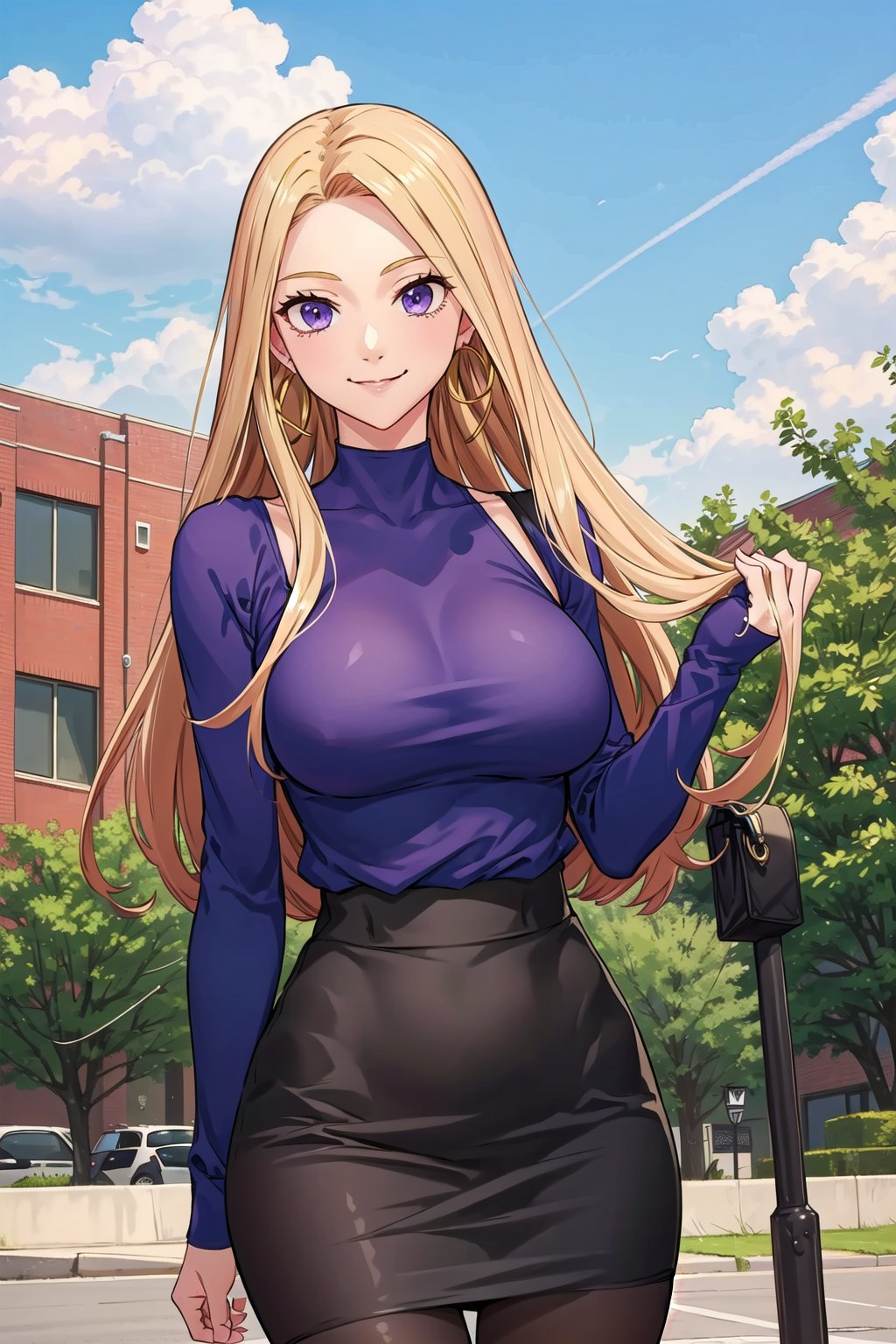 blonde hair,  long hair,  purple eyes,  masterpiece,  best quality hoop earrings,  sky,  choker,  plaid,  shirt,  1girl,  outdoors,  cloud,  tree,  jewelry,  skirt,  lamppost,  large breasts,  building,  smile,  white turtleneck shirt,  black skirt,  standing,  upper body,  masterpiece,  best quality,  black tights,  looking away, <lora:EMS-44508-EMS:0.500000>, , <lora:EMS-42171-EMS:0.500000>