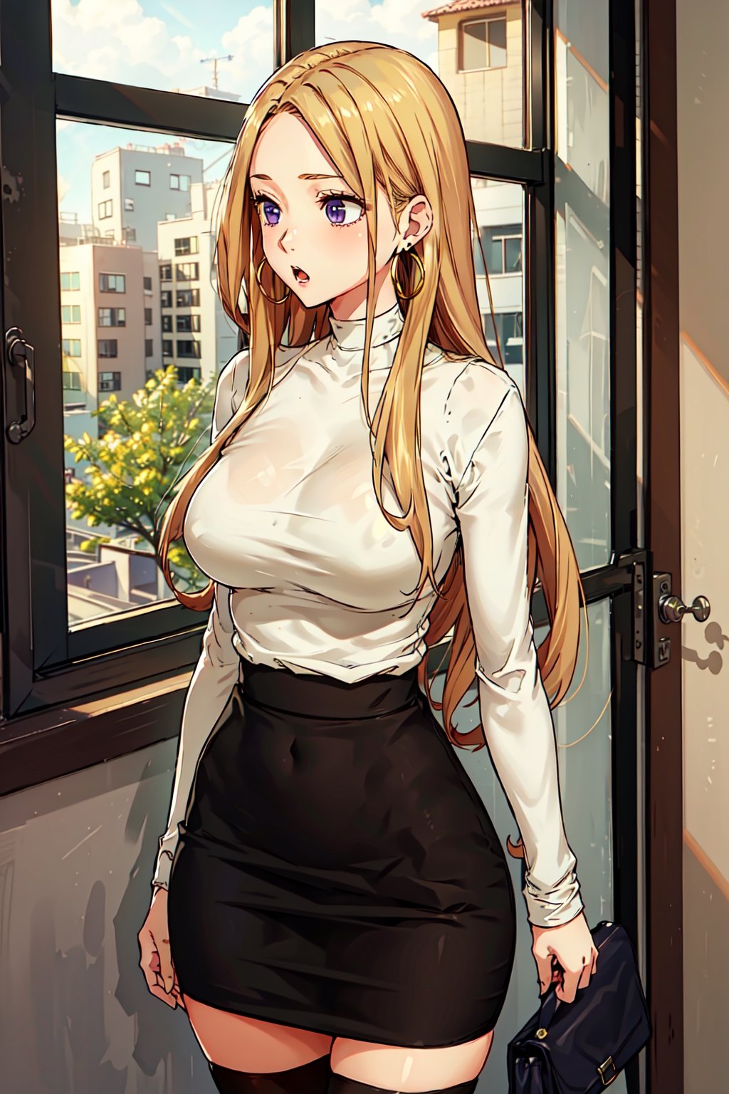  blonde hair, long hair, purple eyes, masterpiece, best quality hoop earrings, sky, choker, shirt, 1girl, indoors, cloud, tree, jewelry, skirt, wide windows, large breasts, building, :o, white turtleneck shirt, black skirt, standing, upper body, best quality, black tights, looking away 