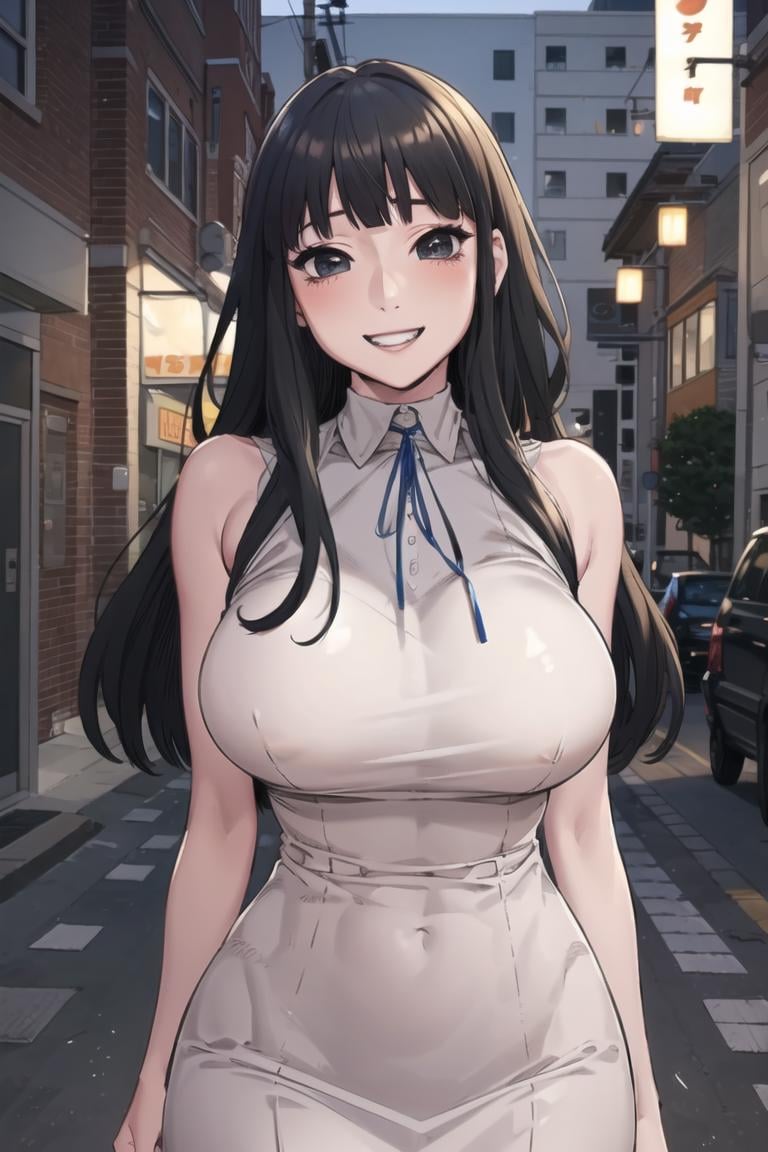 <lora:Anna_SW:0.8>, Annadefmasterpiece, best qualityblack eyes, breasts, sleeveless dress, dress, long hair, blue ribbon, white dress, ribbon, teeth, solo, collared shirt, smile, 1girl, black hair, large breasts, bangs, huge breasts, bare shoulders, sleeveless, blush, neck ribbon, blunt bangs