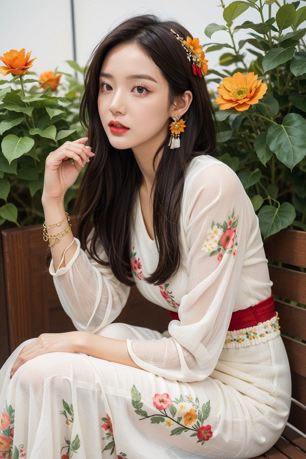 masterpiece, best quality, Ethnic Clothing, 1girl, flower, jewelry, solo, earrings, long hair, red flower, hair ornament, hair flower, sitting, brown eyes, orange flower, black hair, yellow flower, tassel, bracelet, long sleeves, own hands together, blush, white skirt, fringe trim, wavy hair, traditional clothes, leaf, makeup, closed mouth, red lips, white dress, hands on lap, brown hair, looking to the side, skirt, floral print, dress, plant, beads