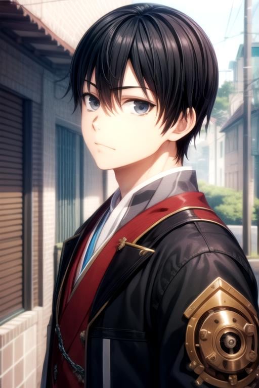 masterpiece, best quality, game cg, 1boy, solo, male focus, looking at viewer, , , anime coloring, realistic, <lora:amatsuyu_kisaragi:0.66>, amatsuyu_kisaragi, black hair, black eyes, japanese costume, steampunk, 4k resolution