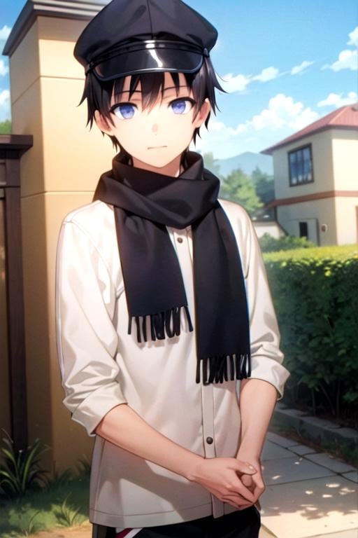 masterpiece, best quality, game cg, 1boy, solo, male focus, looking at viewer, , depth of field, anime coloring, realistic, <lora:yasuo_hazuki:0.66>, yasuo_hazuki, black hair, blue eyes, scarf, scally cap, The Island of Dreams: A place where all your deepest desires come true,