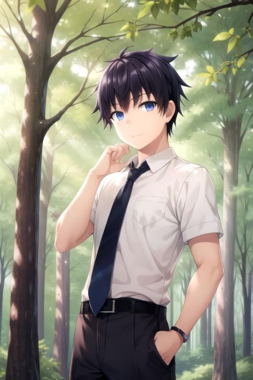 masterpiece, best quality, photorealistic, 1boy, solo, male focus, looking at viewer, , , , , <lora:yasuo_hazuki:0.68>, yasuo_hazuki, black hair, blue eyes, suit shorts, , forest, Blu-ray