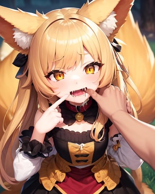 <lora:FangInspectionDayV2:1>(fiday:1.0)(1girl), (finger in another's mouth:1.4),  pov, pov hands, open mouth, drool,fox girl, fox ears, yellow eyes, fox tail, teeth