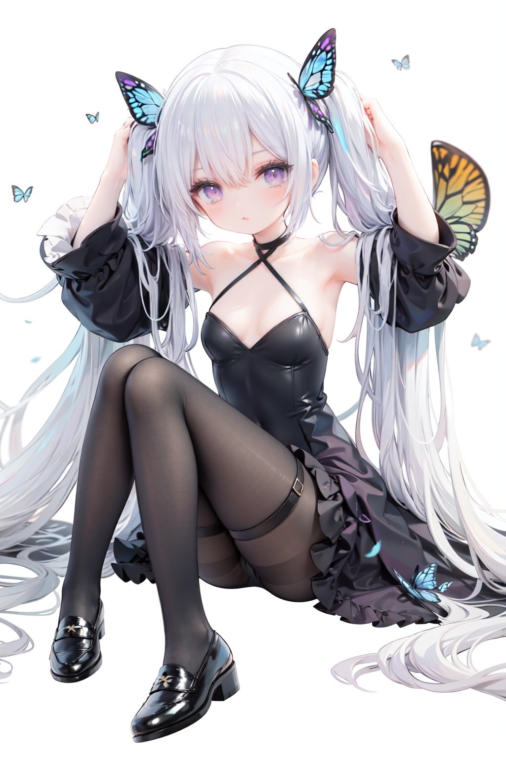 masterpiece, ((best quality)),  dynamic angle, chromatic aberration, ((colorful)),1girl, long hair, solo, very long hair, butterfly, pantyhose, bug, thigh strap, black dress, dress, looking at viewer, white hair, black footwear, blue butterfly, blue eyes, long sleeves, breasts, twintails, detached sleeves, absurdly long hair, bangs, full body, hair ornament, wide sleeves, brown pantyhose, blush, sitting, white background, butterfly hair ornament, small breasts, closed mouth, shoes, purple eyes, black pantyhose, hair between eyes, arms up, covered navel