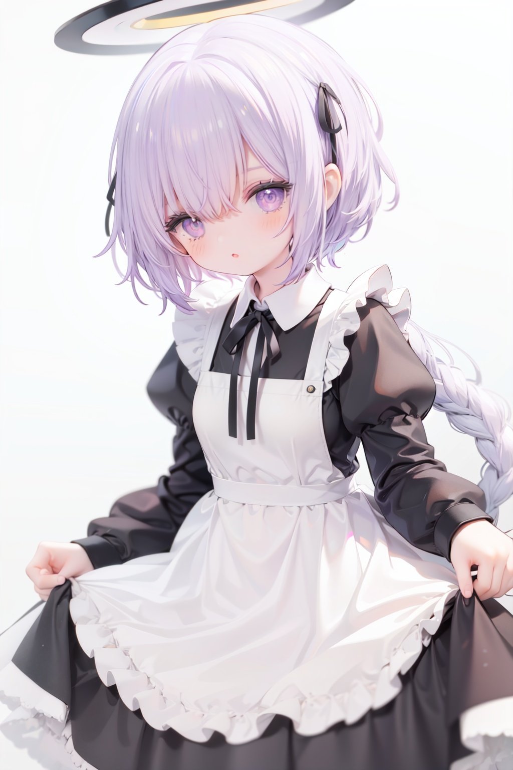 1girl,  solo,  apron,  long hair,  hair over one eye,  white background,  frills,  braid,  halo,  long sleeves,  dress,  simple background,  white hair,  white apron,  puffy sleeves,  very long hair,  frilled apron,  maid,  purple eyes,  ribbon,  parted lips,  maid apron,  bangs,  juliet sleeves,  black dress,  neck ribbon,  looking at viewer,  single braid,  blush