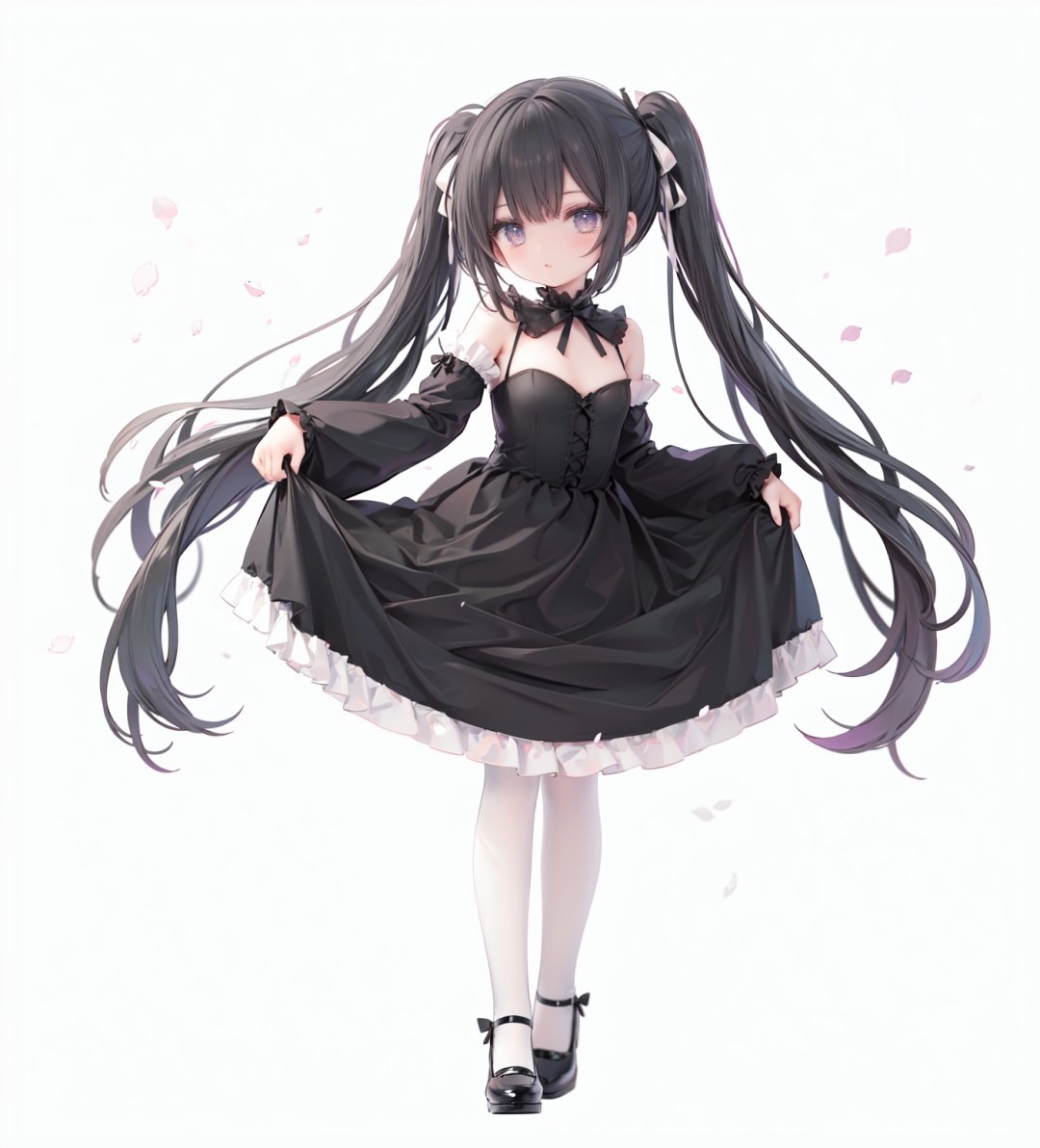 masterpiece, ((best quality)),  dynamic angle, chromatic aberration, ((colorful)),1girl, solo, black hair, long hair, dress, butterfly, bug, twintails, black footwear, lolita fashion, very long hair, pantyhose, black dress, long sleeves, bow, full body, bangs, flower, puffy sleeves, standing on one leg, shoes, white pantyhose, hair bow, looking at viewer, grey eyes, frills, standing, gothic lolita, blush, juliet sleeves, black bow, frilled dress, white flower, rose, closed mouth, skirt hold, petals, wide sleeves, mary janes, white rose