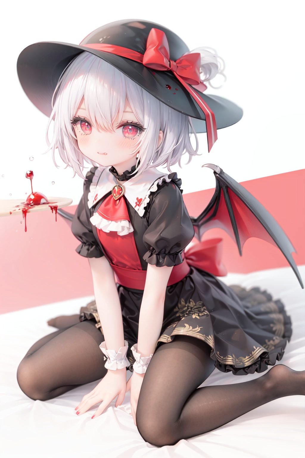 (little girl:1.4), (child:1.4),(petite:1.4), (loli:1.4),,,((solo:1.3)).,1girl, solo, wings, red eyes, hat, remilia scarlet, red background, mob cap, bat wings, ascot, blood, short sleeves, bow, short hair, ribbon, blood on hands, looking at viewer, simple background, full body, puffy sleeves, hat ribbon, blood on face, dress, brooch, red nails, pantyhose, red bow, puffy short sleeves, smile, black pantyhose, wrist cuffs, red ribbon, sitting, jewelry, red ascot, frills, hair between eyes, skirt, white dress, fingernails, sash, shirt, nail polish, no shoes, red theme, sharp fingernails, bangs, tongue, hat bow, grey hair, closed mouth, tongue out, white headwear, slit pupils, blood on clothes, skirt set, hand up, frilled sleeves, invisible chair, white skirt, vampire, frilled shirt collar/.,\nSolo,Battle, {{{{{Slash}}}}},Killing,Attacker,{{Fierce movement}},Ninja,Bloodstain,Core shadow,splatter,{Blood},{{{{Battle scene}}}},angry,Intricate,,{{{Dynamic angle}}},{Stylish pose},{High contrast,Extremely detailed CG unity 8K wallpaper} Sense of movement,blurry background,Kaotic,Lunatic,[[[[[hyper paint, rough design, flat color]]]]],Grin,Whole body,Colorful background,Intricate,Girl wearing black suit,Looking at viewers,{{Stylish}},Persona 5 style art,{{{all out attack(persona 5)}}}