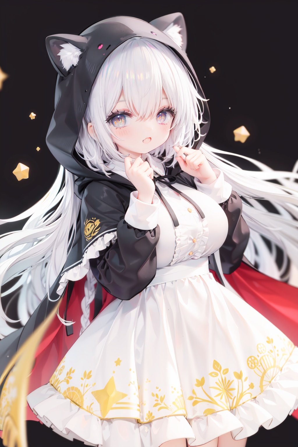 masterpiece, ((best quality)),  dynamic angle, chromatic aberration, ((colorful)),1girl, solo, hood, animal hood, breasts, frills, smile, hood up, yellow eyes, capelet, hair between eyes, blush, dress, long sleeves, looking at viewer, animal ears, large breasts, black ribbon, bangs, puffy long sleeves, :d, frilled dress, hand up, open mouth, white dress, puffy sleeves, hooded capelet, virtual *******r, frilled capelet, fang, white capelet, star (symbol)