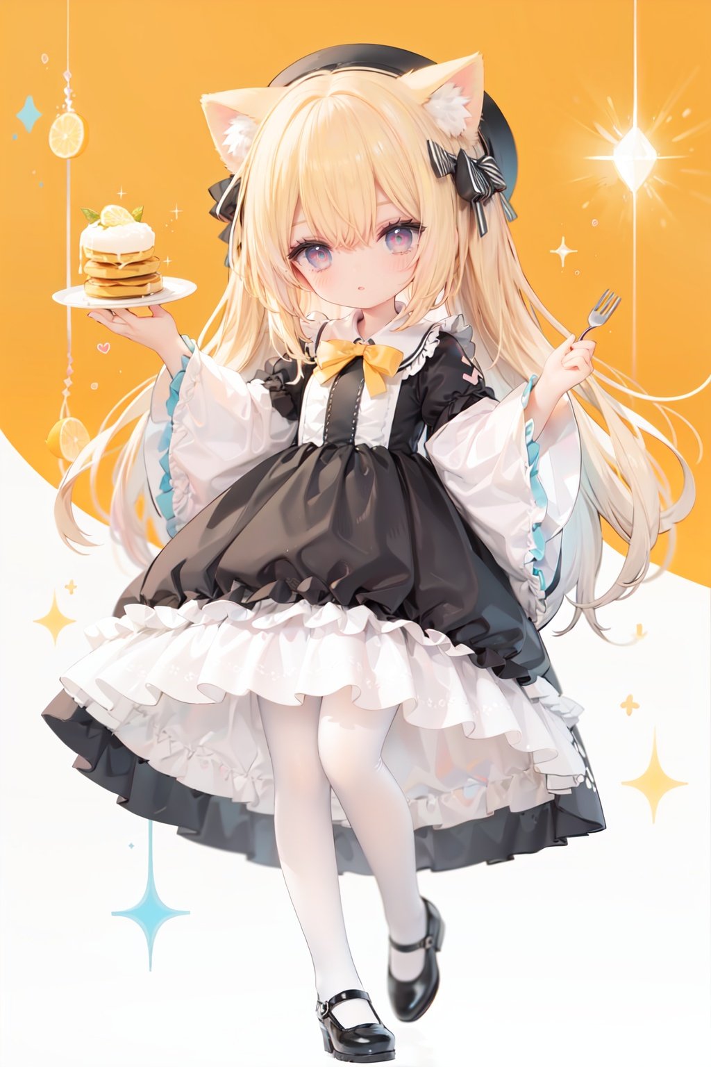 (cinematic lighting),  dreamy atmosphere,  Ray tracing,  (((solo))),  (loli:1.5),  (child:1.5),  (petite:1.5),  green eyes,  (animal ears),  dress,  solo,  food,  blonde hair,  open mouth,  long hair,  pancake,  flower,  holding,  bow,  smile,  fork,  bird,  socks,  looking at viewer,  shoes,  striped background,  holding fork,  bonnet,  striped,  frills,  long sleeves,  :d,  yellow dress,  bangs,  eyebrows visible through hair,  blush,  green nails,  hair bow,  nail polish,  diagonal stripes,  chick,  sparkle,  frilled dress,  orange bow,  fruit,  full body,  :3,  hair between eyes,  green bow,  puffy sleeves,  heart,  lemon,  orange footwear,  animal ear fluff,  white bow,  cat ears,  bobby socks,  orange headwear,  see-through sleeves,  blue background,  striped bow,  hair ornament,  white legwear,  mary janes