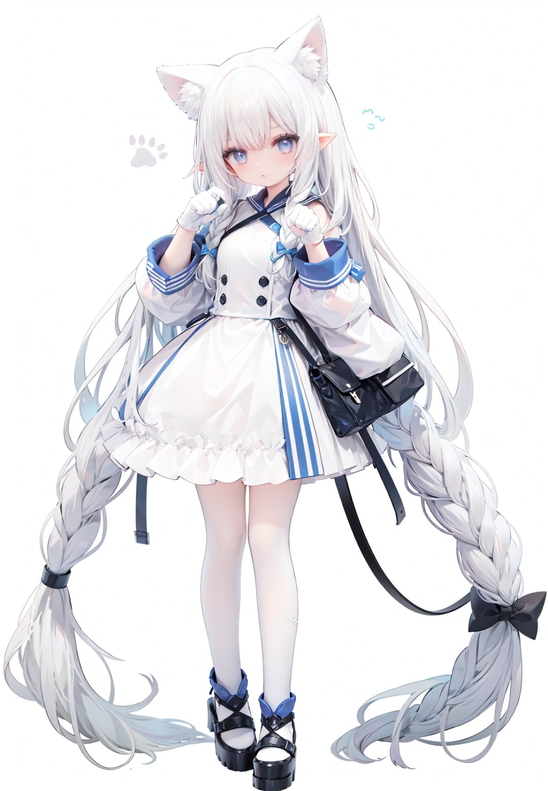 1girl, white_gloves, braid, full_body, gloves, long_hair, official_alternate_costume, pointy_ears, simple_background, solo, standing, very_long_hair, white_background,white hair,blue eyes,paw claw pose, open_mouth,