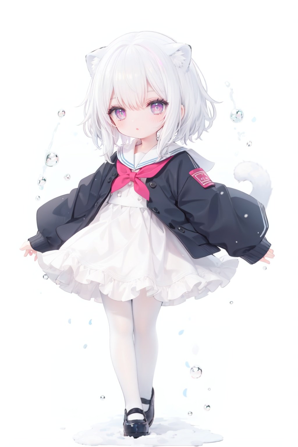 cute,Infant,solo blue shirt,blue sailor coat,loli,full body,white hair,snow leopard ear,white background,pink eyes,laugh,happy,white pantihose,white pantyhose,red armband,