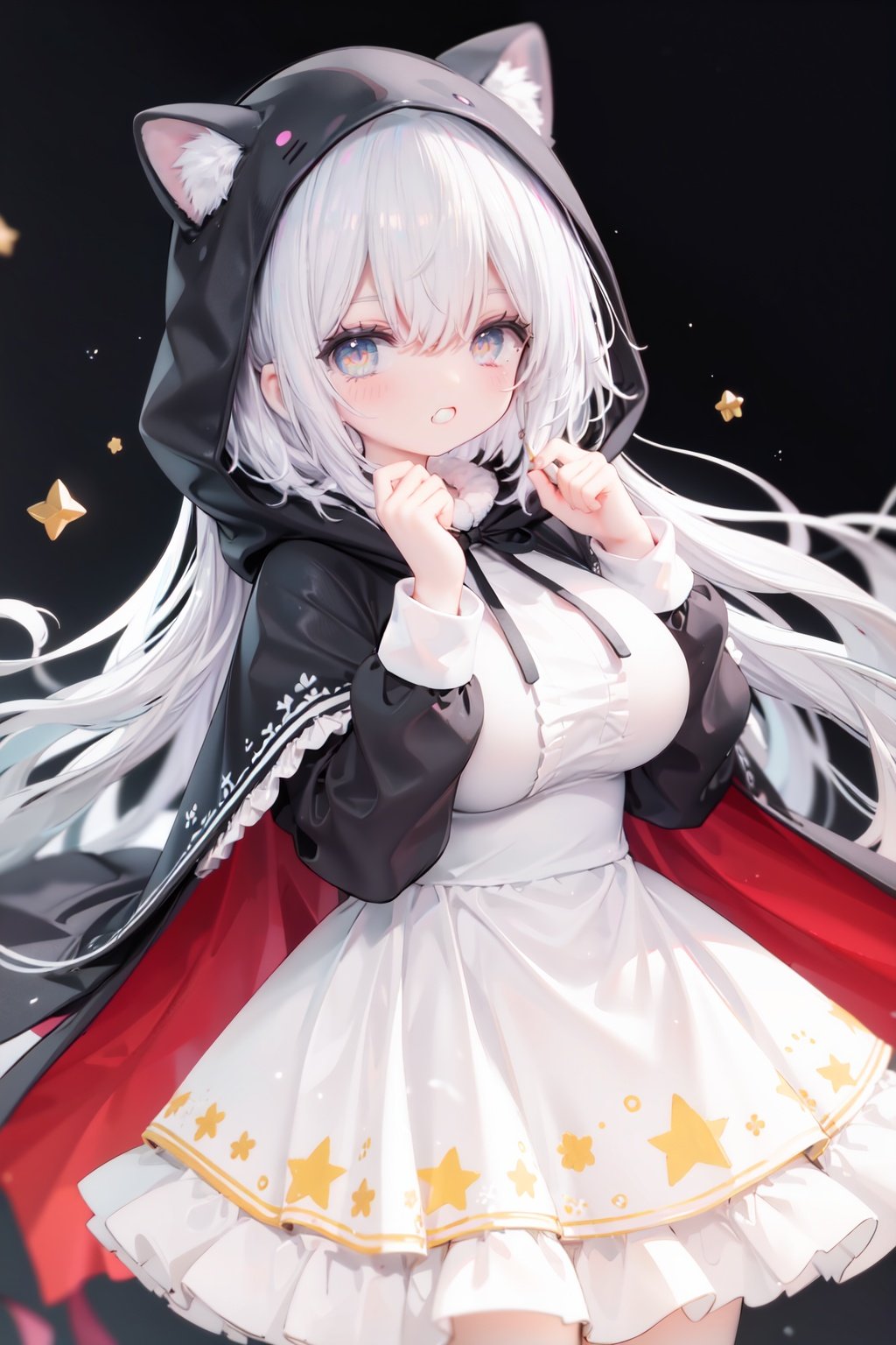 masterpiece, ((best quality)),  dynamic angle, chromatic aberration, ((colorful)),1girl, solo, hood, animal hood, breasts, frills, smile, hood up, yellow eyes, capelet, hair between eyes, blush, dress, long sleeves, looking at viewer, animal ears, large breasts, black ribbon, bangs, puffy long sleeves, :d, frilled dress, hand up, open mouth, white dress, puffy sleeves, hooded capelet, virtual *******r, frilled capelet, fang, white capelet, star (symbol)