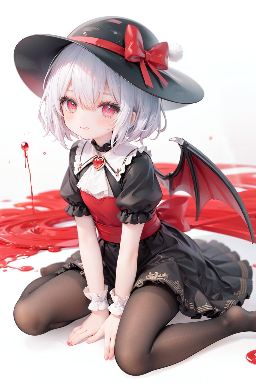 (little girl:1.4), (child:1.4),(petite:1.4), (loli:1.4),,,((solo:1.3)).,1girl, solo, wings, red eyes, hat, remilia scarlet, red background, mob cap, bat wings, ascot, blood, short sleeves, bow, short hair, ribbon, blood on hands, looking at viewer, simple background, full body, puffy sleeves, hat ribbon, blood on face, dress, brooch, red nails, pantyhose, red bow, puffy short sleeves, smile, black pantyhose, wrist cuffs, red ribbon, sitting, jewelry, red ascot, frills, hair between eyes, skirt, white dress, fingernails, sash, shirt, nail polish, no shoes, red theme, sharp fingernails, bangs, tongue, hat bow, grey hair, closed mouth, tongue out, white headwear, slit pupils, blood on clothes, skirt set, hand up, frilled sleeves, invisible chair, white skirt, vampire, frilled shirt collar/.,\nSolo,Battle, {{{{{Slash}}}}},Killing,Attacker,{{Fierce movement}},Ninja,Bloodstain,Core shadow,splatter,{Blood},{{{{Battle scene}}}},angry,Intricate,,{{{Dynamic angle}}},{Stylish pose},{High contrast,Extremely detailed CG unity 8K wallpaper} Sense of movement,blurry background,Kaotic,Lunatic,[[[[[hyper paint, rough design, flat color]]]]],Grin,Whole body,Colorful background,Intricate,Girl wearing black suit,Looking at viewers,{{Stylish}},Persona 5 style art,{{{all out attack(persona 5)}}}