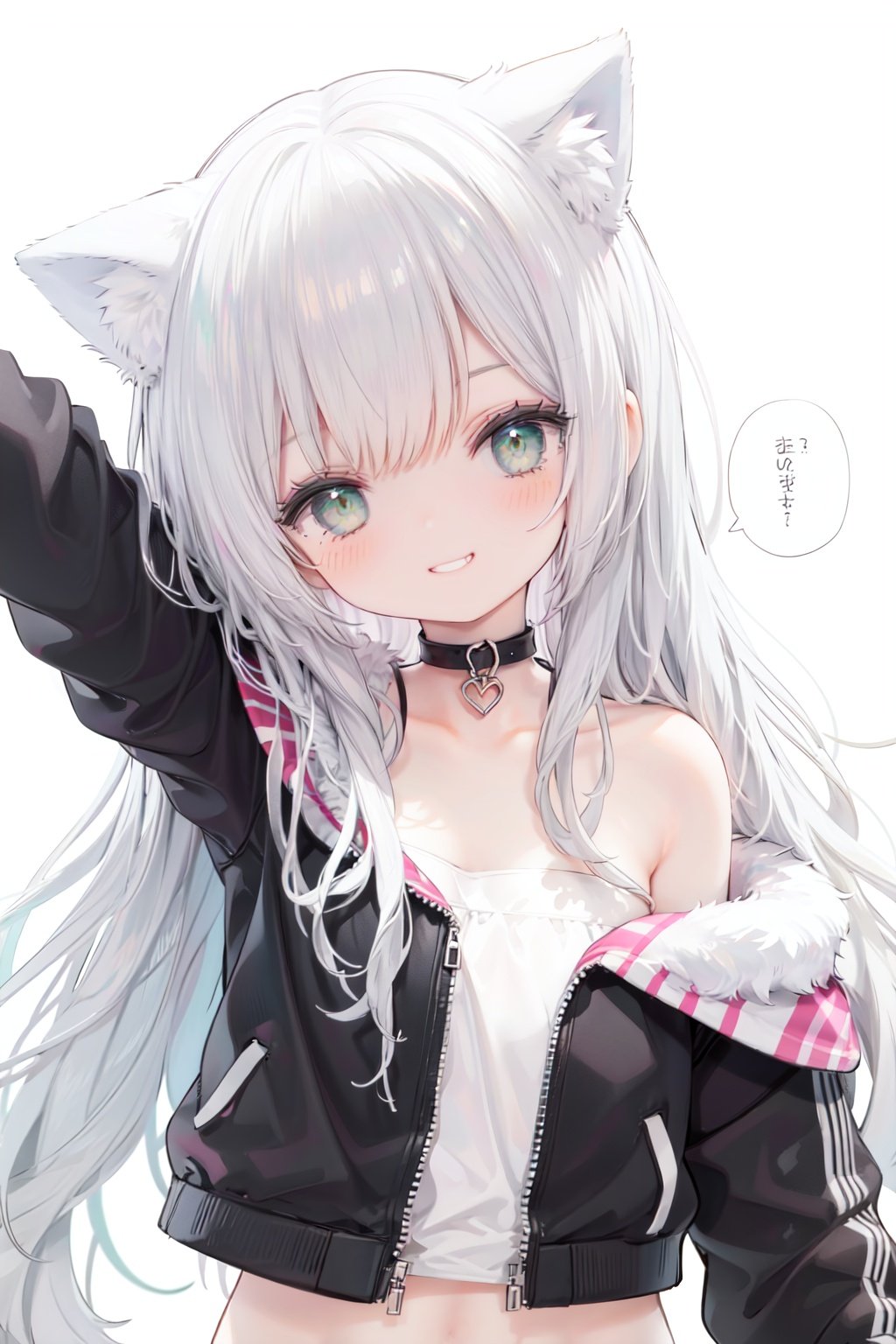 1girl,  solo,  green eyes,  smile,  long hair,  cat ears,  looking at viewer,  animal ears,  white background,  simple background,  bangs,  silver hair,  upper body,  speech bubble,  jacket,  black jacket,  head tilt,  bare shoulders,  eyebrows visible through hair,  off shoulder,  half-closed eyes,  grin,  arm up,  collarbonereflection light