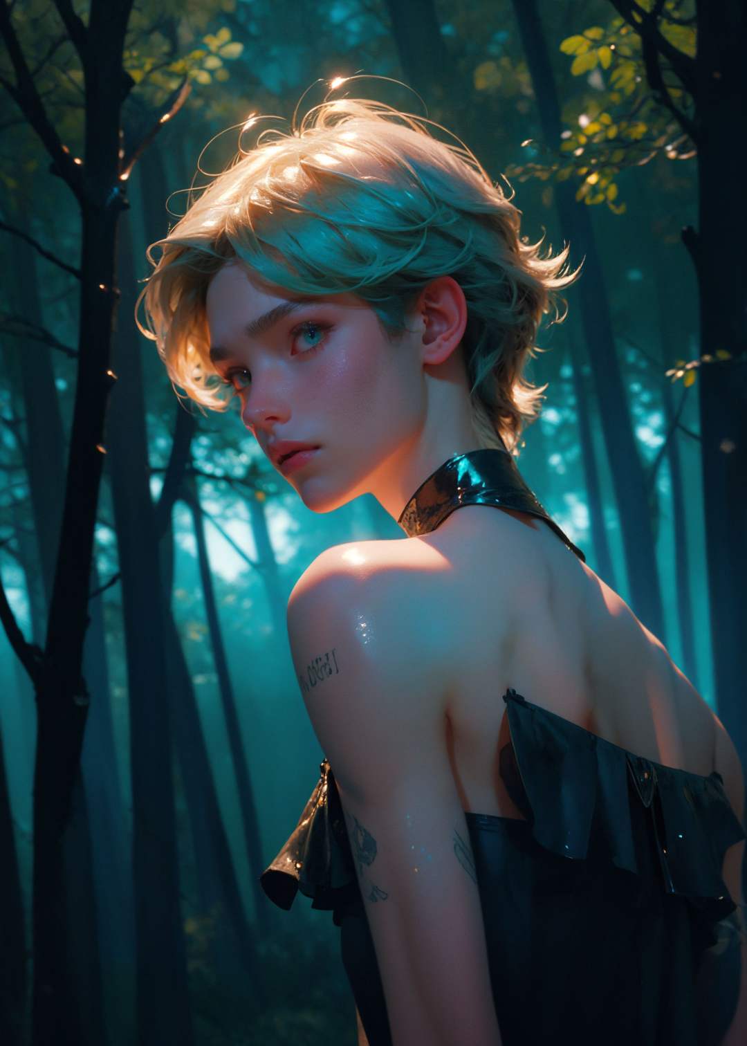 Masterpiece,best quality,ultra high resolution,1 male, in the sun,charming eyes,high shine,blue-green tones,(bare shoulders:1.2),shiny hair,shiny skin,unique cut,blue forest,mysterious darkness,black starlight clothing,transparent texture,dreamy particles,black eye,black pupil,