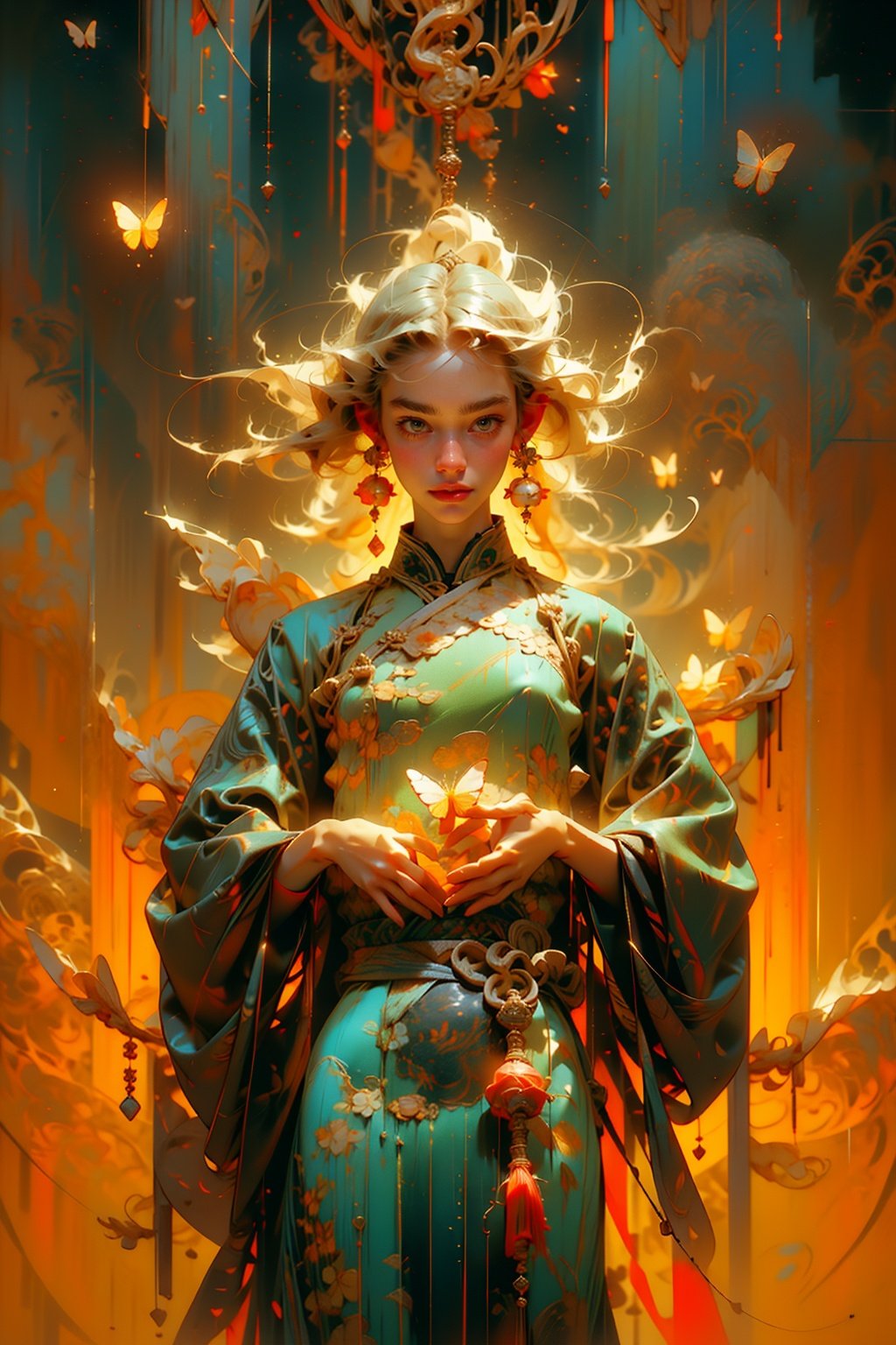 masterpiece,1girl, best quality, 90s dark fantasy movie still,(muted colors, dim colors, soothing tones:1.3),yellow theme,wuxia,taoist,Real,butterfly,bj_elegant,shiguang,nijiring,Chinese art,heart-shaped_pupils,Update