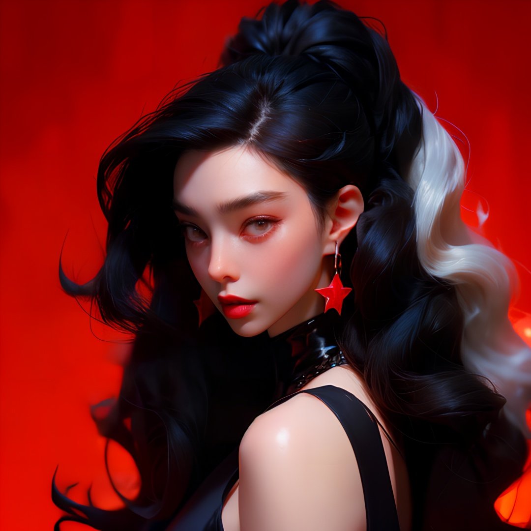 1girl, Hong Kong style retro wave head, Black slip dress Long hair, Big wave, Star earrings, Heavy makeup, Facing the audience, Solid color background, Crimson background