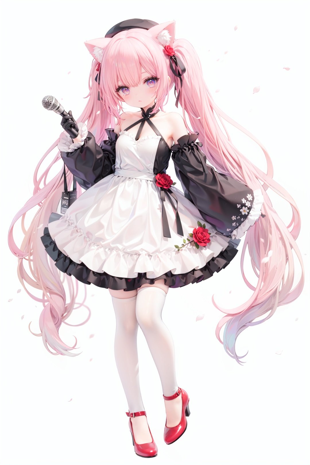 masterpiece, ((best quality)),  dynamic angle, chromatic aberration, ((colorful)),1girl, solo, flower, thighhighs, white thighhighs, gloves, red footwear, long hair, detached sleeves, animal ears, rose, blonde hair, looking at viewer, full body, hat, high heels, petals, dress, standing, twintails, wide sleeves, holding, shoes, frills, red flower, cat ears, bangs, microphone, long sleeves, white flower, hair ornament, white gloves, zettai ryouiki, bare shoulders, pink eyes, frilled dress, small breasts, breasts, closed mouth, skirt, beret, white headwear, very long hair, red eyes, red rose, white dress, blush, ribbon, black gloves, animal ear fluff, hair flower, pink flower