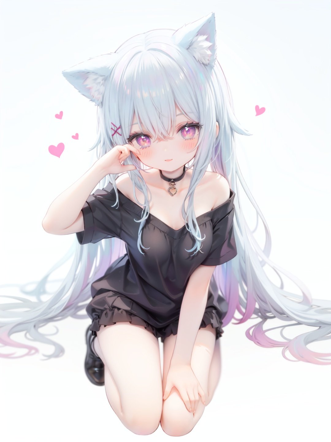 petite, loli, solo, animal ears, heart, puffy short sleeves, blue hair, long hair, off shoulder, bangs, hair ornament, gradient background,rainbow gradient, x hair ornament, animal ear fluff, looking at viewer, very long hair, blush, smile, cat ears, bare shoulders, collarbone, hand up, gradient sweater, hair between eyes, symbol-shaped pupils, arm up, heart-shaped pupils, hairclip, medium breasts, salute, bare legs,full body